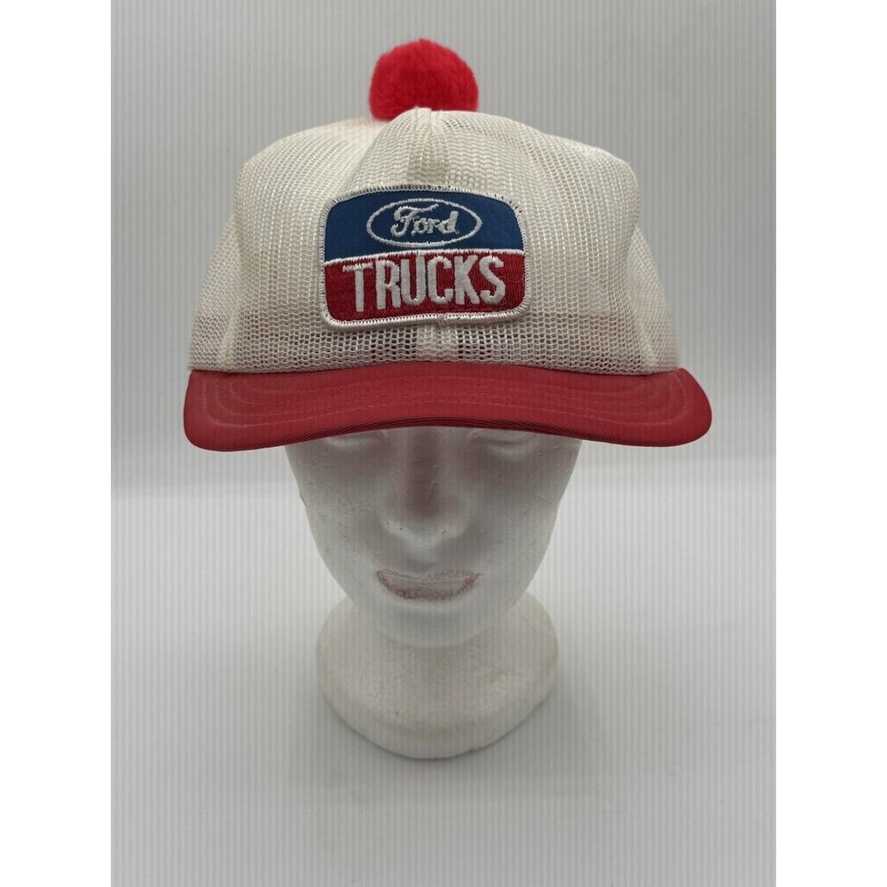 HTF Rare Vintage Ford Trucks Mesh Trucker Hat Pom Pom Snapback Cap Red White USA
